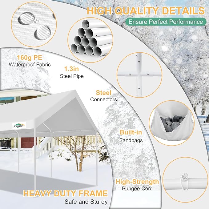 COBIZI Carport 12x20Ft Heavy Duty Portable Garage, 2.0 Powder Coated Frame(Better Than Galvanized), Waterproof Shelter with Removable Sidewalls & Windows, Built-in Sandbags, for Car/Boat/SUV, White
