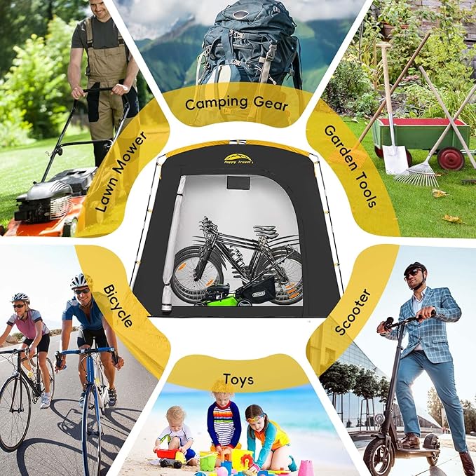 Happy Travel Bike Storage Shed Tent, Waterproof Portable Bike Cover with 40% More Top Space for 2/3/4/5 Bikes,Clips Easy Setup Sheds Shelter with Lockable Bicycle Design for Garden Tools, Lawn Mower