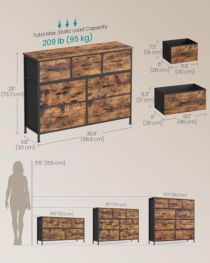 SONGMICS Dresser for Bedroom, Chest of Drawers, Steel, MDF, 7 Non-Woven Fabric Drawers, Storage Organizer Unit, Closet, Entryway, Rustic Brown and Ink Black ULGS323BH04