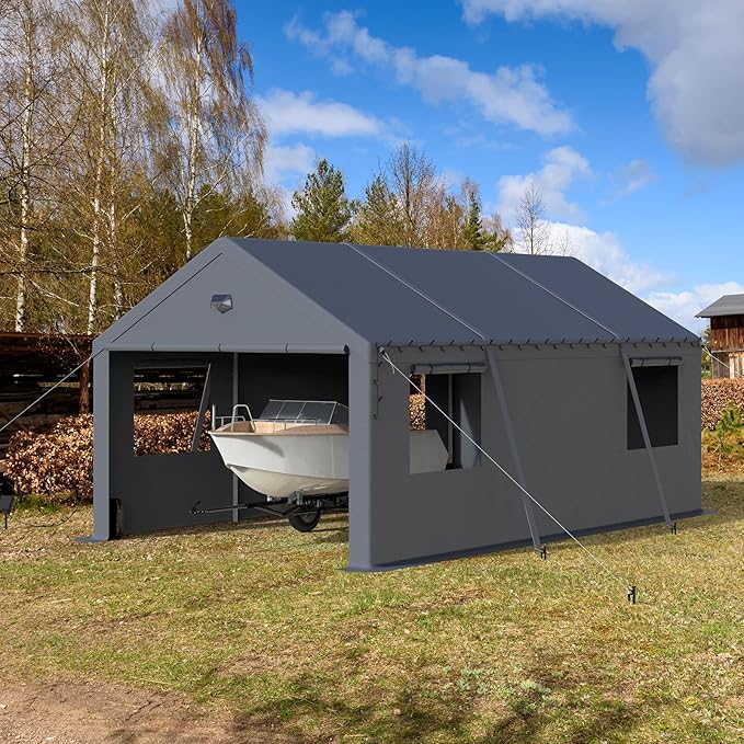 Carports Canopy 12x20 Heavy Duty, Portable Car Port Garage with Roll Up Drive Through Doors, Grey