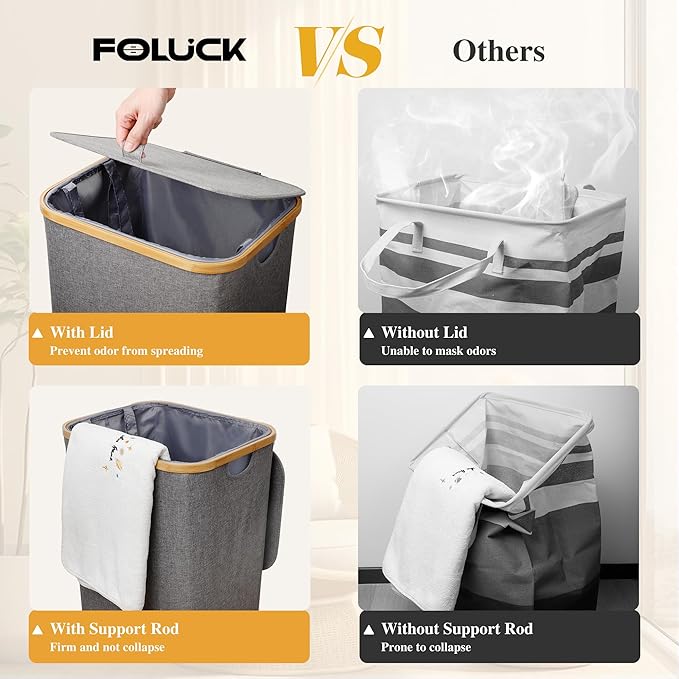 Large Laundry Hamper, 100L Waterproof Laundry Basket with Lid and Removable Bag, Collapsible Tall Clothes Hamper with Bamboo Handles for Clothes Toys in Dorm Bedroom Bathroom, Grey
