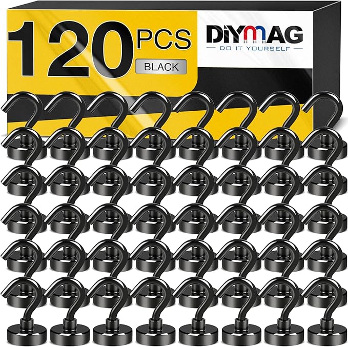 DIYMAG Magnetic Hooks, 30Lbs Black Strong Heavy Duty Cruise Magnet Garage S-Hooks for Classroom, Fridge, Hanging, Cabins, Grill, Kitchen, Garage, Workplace and Office Etc, 120 Pack