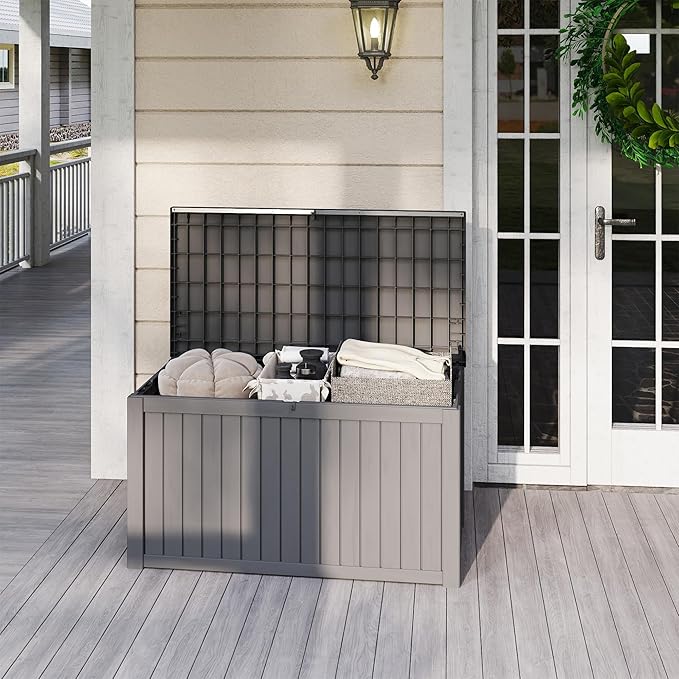 Outdoor Storage Box 180GAL Waterproof Resin Deck Box,UV-Resistant Lockable Package Delivery Bin for Garden Tools,Large Patio Outside Cushions,Pool Accessories Supplies,Chest,Light Coffee