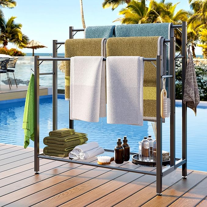 3 Tier Towel Rack with Large Storage & 6 Hooks, Blanket Rack for Oversized Bath Towels, Free Standing Pool Towel Rack Stand for Bathroom Pool Indoor/Outdoor, 35.8" H x 31.5" L x 11.8" W