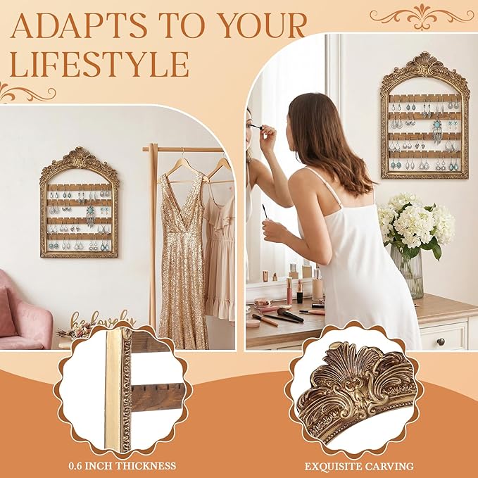 1 Pcs Wall Hanging Earring holder Organizers Vintage Arched Frame 4 Layer Wall Mounted Jewelry Holder Decorative Retro Baroque Stud Earring Display Gift (Gold,10 x 6.9'')