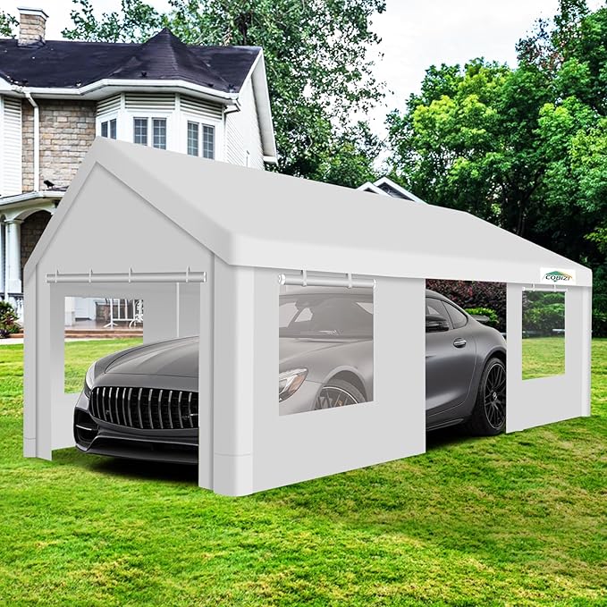 COBIZI Carport 12x20Ft Heavy Duty Portable Garage, 2.0 Powder Coated Frame(Better Than Galvanized), Waterproof Shelter with Removable Sidewalls & Windows, Built-in Sandbags, for Car/Boat/SUV, White
