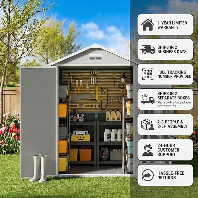 Gizoon 6x4.4 FT Outdoor Storage Shed with Floor, All-Weather Resin Garden Shed with Lockable Doors & Windows, Plastic Tool Sheds for Patio, Lawn & Garden (Grey)