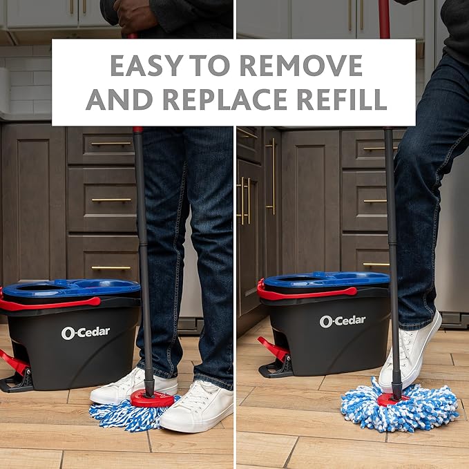 O-Cedar RinseClean Spin Mop & Bucket System + 2 Extra Mop Heads| Clean with Water | Removes 99% of Bacteria