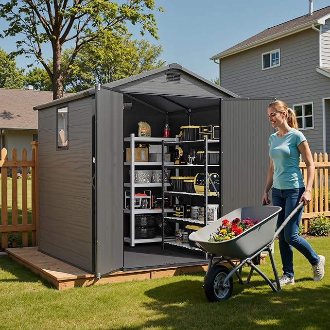 Greesum 6x6FT Plastic Outdoor Storage Shed with Floor, Resin Sheds with Lockable Double Door, Tool Sheds with Window and Vents, for Garden, Backyard, Patio, Dark Gray