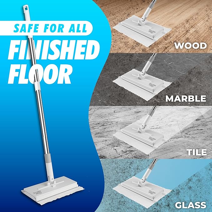 FlexiClamp Sweep & Mop Kit - Compatible with Swiffer Pads, Durable Cleaning Tool for Hardwood, Tile, Marble & Laminate Floors, Home, Kitchen Cleaning Essentials. (Include 10 Dry Cloths)
