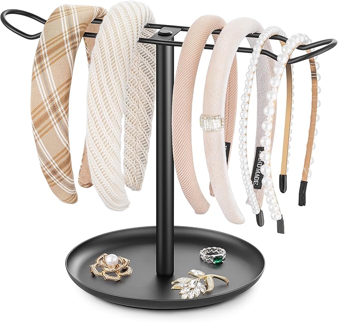 Headband Holder for Hair Accessories: Elegant Organizer with Storage Tray, Perfect for Girls' Vanity, Dresser, or Bathroom, Black