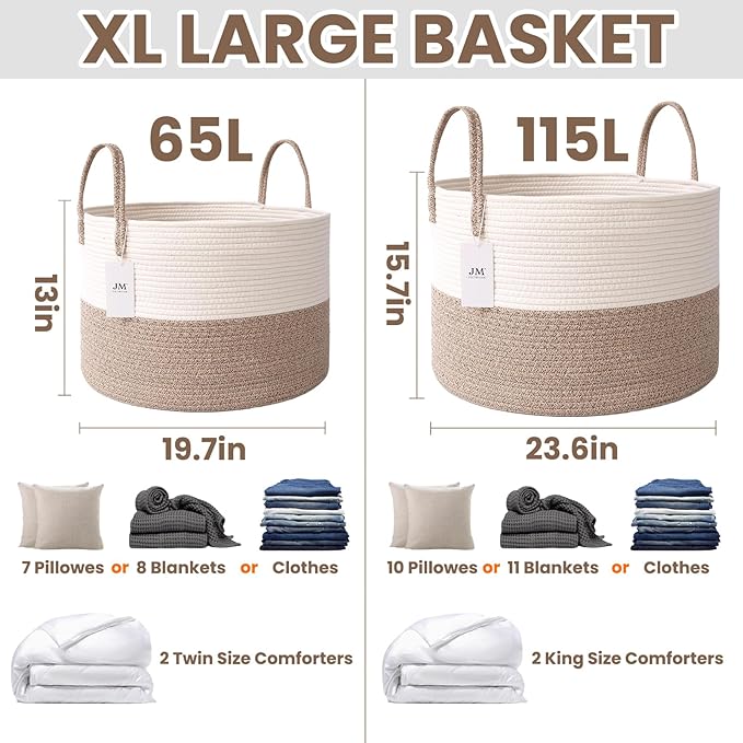 65L Extra Large Blanket Basket for Living Room - Woven Cotton Rope Laundry Hamper with Reinforced Handles - Storage Bin for Pillows, Comforters & Toys - Machine Washable,White&Brown