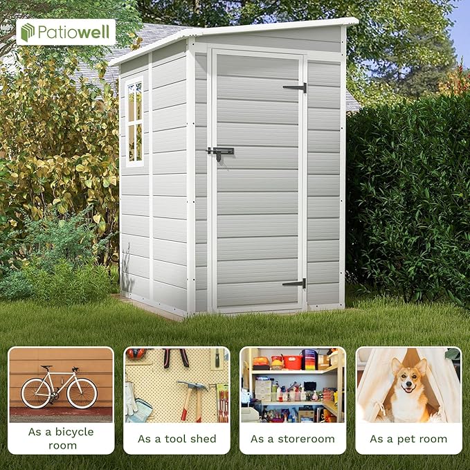 Patiowell 5x4 FT Outdoor Storage Shed with Floor, Resin Outside Storage Shed with Floor & Lockable & Window Door for Patio Furniture, Garden Tools and Bicycle, Light Gray