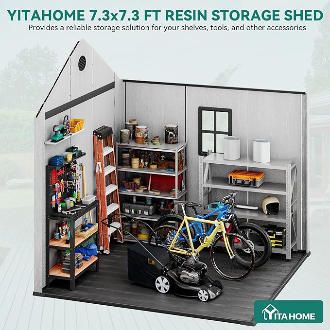 YITAHOME 8X8FT Large Storage Shed with Vision Window, Weatherproof Extra Thick Tool Storage, 16mm Heavy Duty Outdoor Storage Sheds with Floor, Lockable Door & Vents for Patio, Lawn Mower, Bike, Gray