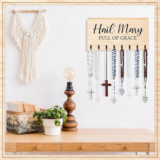 Large Wooden Rosary Holder Wall Mounted with 8 Hangers Catholic Rosary Storage Organizer Decorative Hanger Holder for Necklace, Bracelet Prayer Storage (Natural)