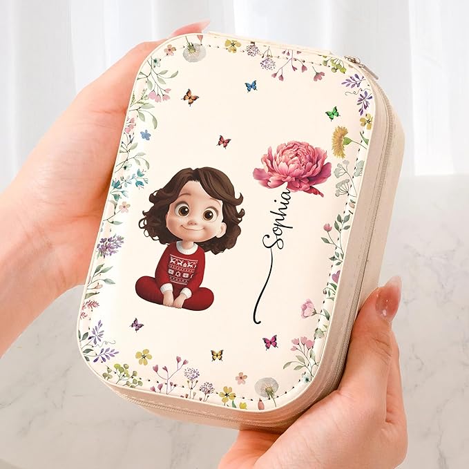 Personalized Woman Jewelry Box with LED Mirror, Customized Cute Cartoon Girl Leather Jewelry Box, Birth Month Flower Mirror Jewelry Organizer for Women Friend, Friendship Keepsake Gifts, Bestie Gift