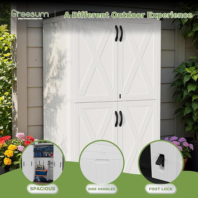 Greesum Outdoor Storage Cabinet, 50 CUFT Deck Box Without Shelves, Waterproof Plastic Storage Shed for Patio Cushions, Gardening Tools, Lockable and Sidehandles, UV Resistant, White