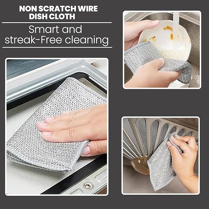 CrafTreat Non Scratch Wire Dishwashing Rag, 10 Pack Double Layer Reusable Wire Dishcloth, Silver Mesh Metal Cleaning Cloth for Pots, Pans, Sink, Steel Cookware, Wet & Dry Cleaning