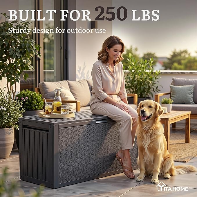 YITAHOME 90 Gallon Outdoor Deck Box, Lockable Resin Deck Box with Handles, Outdoor Storage Box for Patio Furniture, Garden Tools, Waterproof & UV Resistant, Dark Grey