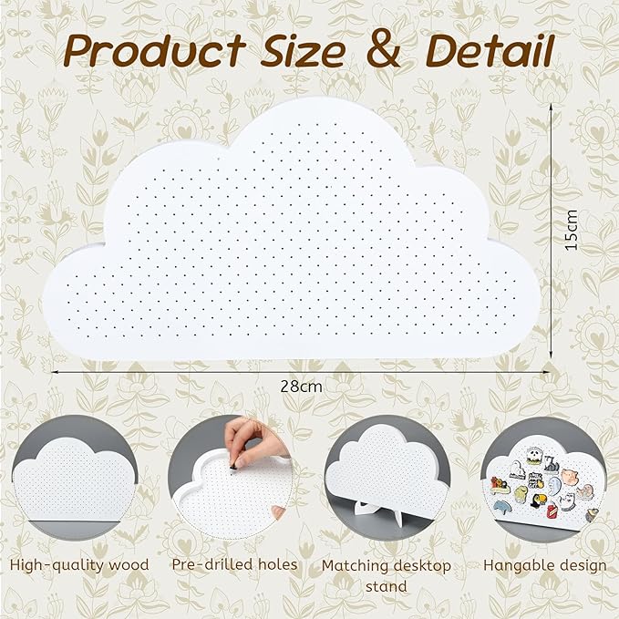 Novabright Cloud Pin Display Board 11"x 6" White Wooden Enamel Pin Pegboard with Stand Brooch Earrings Tabletop Pins Storage Board Holder Organizer Display Storage Gift for Office Deck Wall Home