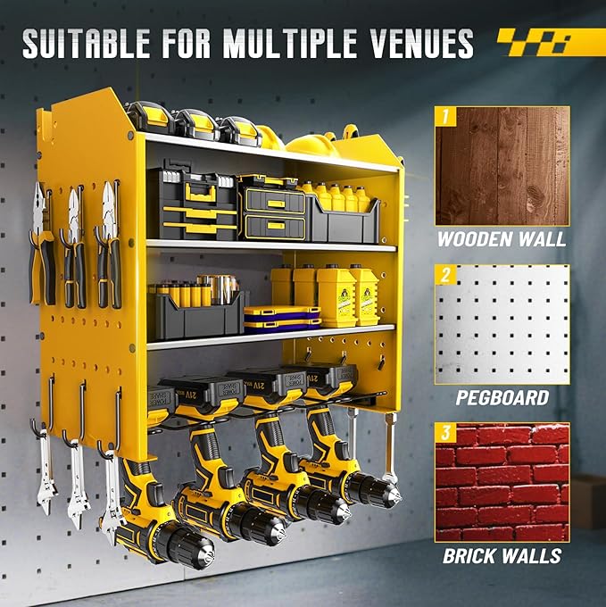 Power Tool Organizer Rack for Home Tool Storage, 4 Tier Wall Organizer for Drills, Tool Battery Storage, Utility Holder Wall Mountr with Hooks,Yellow