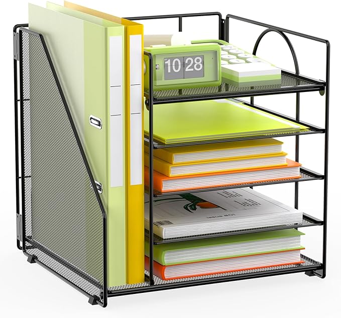 5 Tier Desk Organizer with Vertical File Holder, Desktop File Organizer for Office Home School, Black