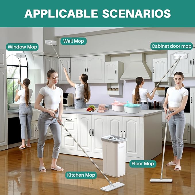 JOYMOOP Microfiber Flat Mop and Bucket System, Mops for Floor Cleaning and Wall Cleaner, Hardwood, Tile, Laminate, Vinyl Floors, Smooth Walls, and Glass Windows - 50" Flat Mop+1 Microfiber Pad[White]