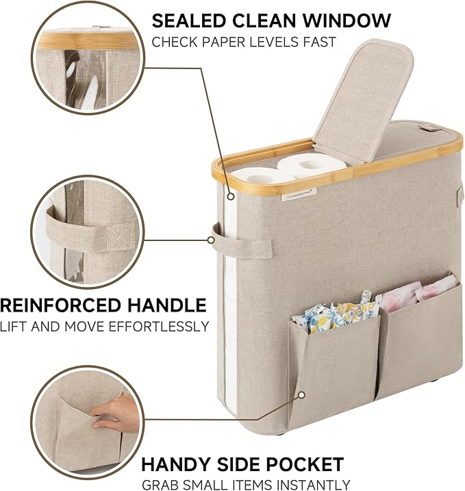 StorageWorks Toilet Paper Storage Baskets with Dual Flip Lids, Toilet Paper Organizer for Bathroom, Toilet Paper Container with Side Pocket, Holds 9 Mega or 12 Regular Rolls, Medium, Brown