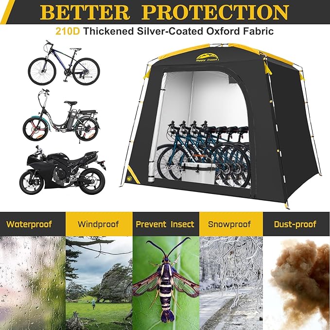 Happy Travel Bike Storage Shed Tent, Waterproof Portable Bike Cover with 40% More Top Space for 2/3/4/5 Bikes,Clips Easy Setup Sheds Shelter with Lockable Bicycle Design for Garden Tools, Lawn Mower