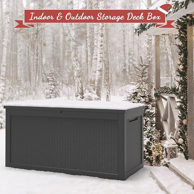 NUNU LAB Outdoor Storage Box, 320 Gallon Deck Box, Resin Waterproof Outside Storage Bench, Outdoor Storage Cabinet With Lockable Lid, Backyard Deck Box For Garden Tools, Patio Cushions, Black