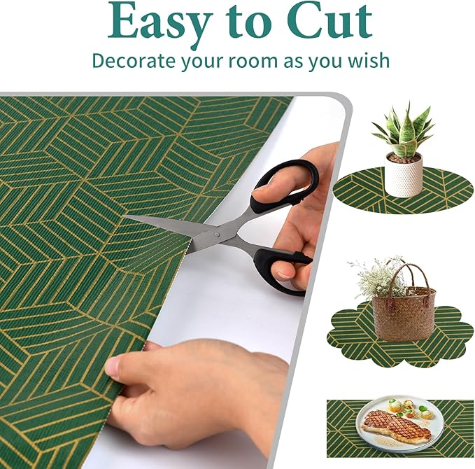 Shelf Liners for Kitchen Cabinets 23.6in x 30FT, Non Adhesive Cabinet Liner Strong Non-Slip Thickened Gold Green Geometric Drawer Liner, Easy to Clean for Shelf, Cabinet with Knife and Tape Measure