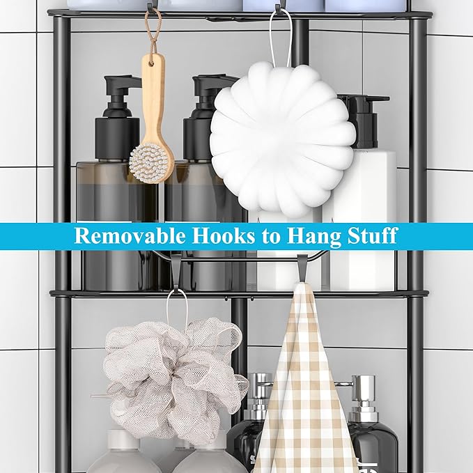 3 Tier Floor Standing Corner Shower Caddy Organizer Shelf with Hooks, Bathroom Shelves Stand Rack, Black