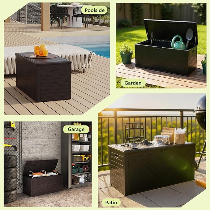 260 Gallon Outdoor Storage Box, Waterproof Resin Double-Wall Deck Box Organizer with Removable Dividers for Patio Cushion Storage, Lockable Outside Container for Garden Tools