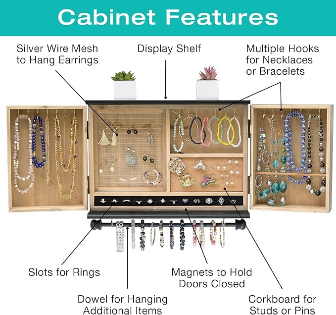 Wall Mounted Jewelry Organizer with Herringbone Wood Pattern. Jewelry holder for Necklaces, Earings, Bracelets, Ring Holder, and Accessories. Includes hooks for hanging jewelry - Black & Brown