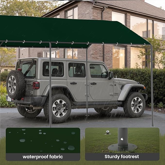 Carport, 10‘ x 20’ Heavy Duty Portable Garage All-Season Car Canopy, Outdoor Garage Boat Shelter Carport Canopy Party Tent w/Water-Resistant Tarp for Backyard (Green, 10' x 20' /no Side)