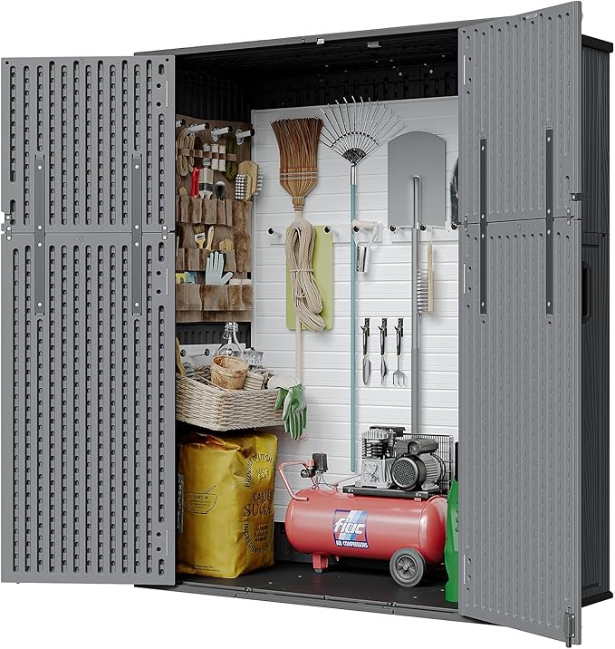 AOXUN Horizontal Storage Sheds 61 Cu.ft, HDPE Outdoor Storage Box 160 Gallon, Waterproof Lockable Resin Deck Box with Spring-Assisted Lid, Patio Storage for Garden, Pool, Cushions, Tools, Gray