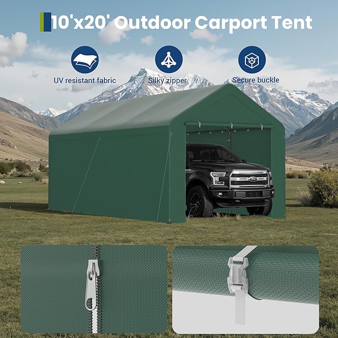 GOJOOASIS 10x20 Carport Heavy Duty Portable Garage Shelter Metal Car Canopy Tent with UV-Resistant & Weatherproof Top Cover for RV & Vehicles (Green, 10x20 with sidewalls)