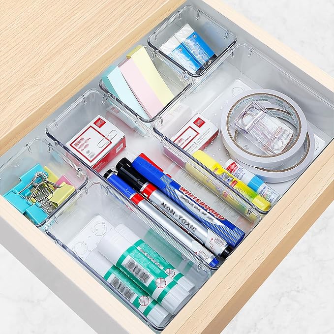 25 PCS Drawer Organizer Set, 4 Varied Size Bathroom and kitchen Drawer cabinet organizer Trays, Clear Storage Bins for Makeup, Jewelry, Utensils and Gadgets