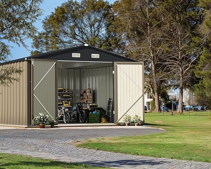 Greesum 10x10FT Outdoor Storage Shed, Utility Tool Shed Metal Storage Shed with Door & Lock for Patio Storage, Garden, Lawn, Brown