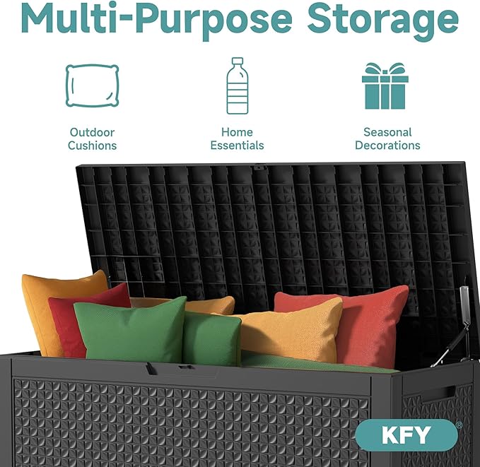 101 Gallon Waterproof Outdoor Storage Box, UV Resistant Resin Deck Box with Hydraulic Rod for Reinforced Stability, Perfect for Patio, Garden, and Pool（Black，101 Gallon）