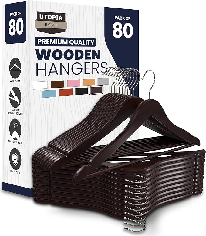 Utopia Home Premium Wooden Hangers 80 Pack - Durable & Slim Coat Hanger - Suit Hanger with 360-Degree Rotatable Hook - Wood Hangers with Shoulder Grooves (Brown Color)