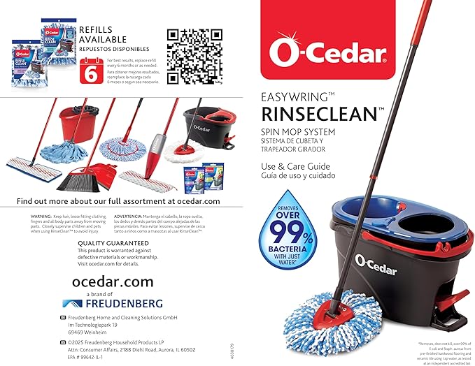 O-Cedar RinseClean Spin Mop & Bucket System + 1 Extra Mop Head | Clean with Clean Water | Removes 99% of Bacteria