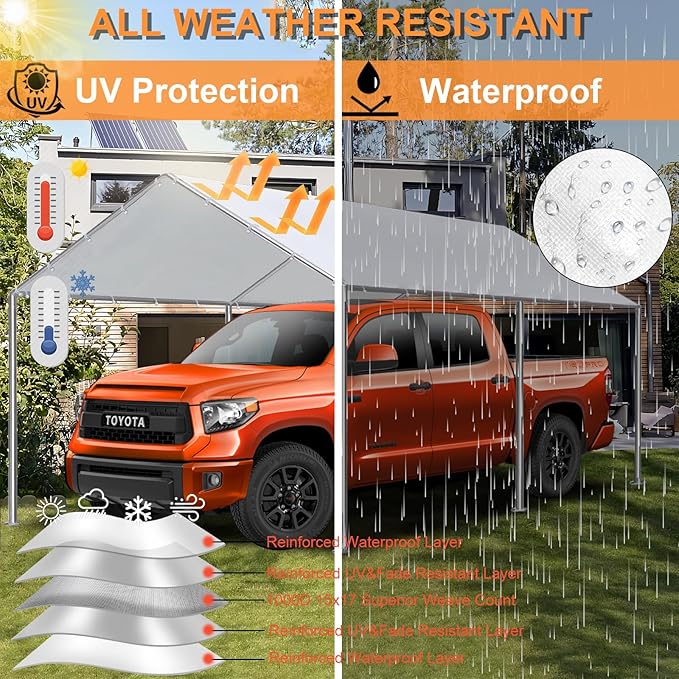 10 x 20 Ft Carport Replacement Canopy Cover Garage Top Tent Shelter Heavy Duty Waterproof UV & Tear Resistant Carport Cover Easy Assembly, White (Only Cover, Frame Not Include)