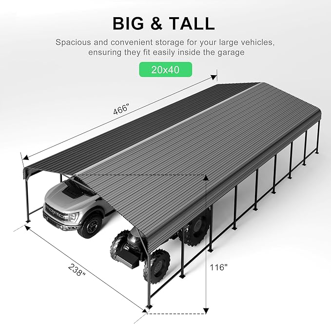 20x40 FT Heavy-Duty Metal Carport, Outdoor Galvanized Steel Shelter for Pickup Trucks, Motorcycles, Boats, Cars & Tractors