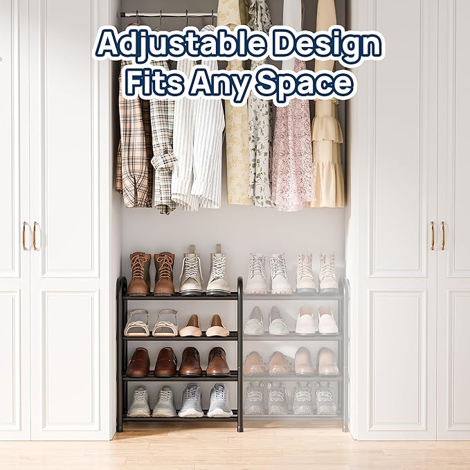 ENJOYBASICS Expandable Shoe Rack, 4 Tier Adjustable Shoe Organizer Shelf for Closet, Black Metal Free Standing Shoe Rack Storage for Small Space, Entryway