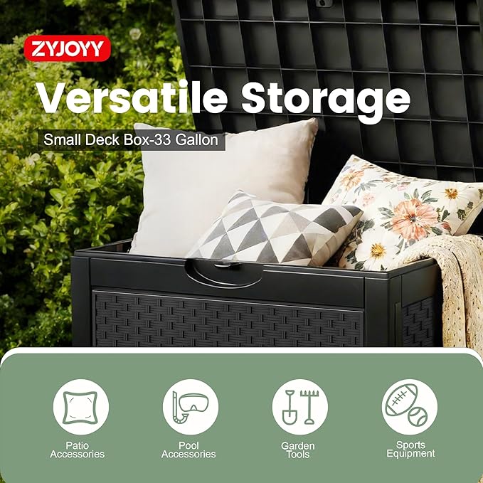 ZYJOYY 33 Gallon Outdoor Storage Box, Waterproof Resin Deck Box with Lockabe Design for Patio Cushions, Pool Accessories and Garden Tools, UV Resistant