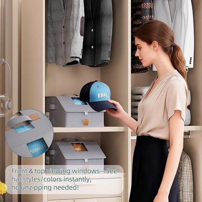 FHSQX 3PCS Hat Organizer for Baseball Caps Stackable Storage Bins With Clear Window Lid Holds Up To 36 Caps Space-Saving Hat Boxes for Closet (Deep Grey, (17.7 * 9.1 * 7.1in)*3)