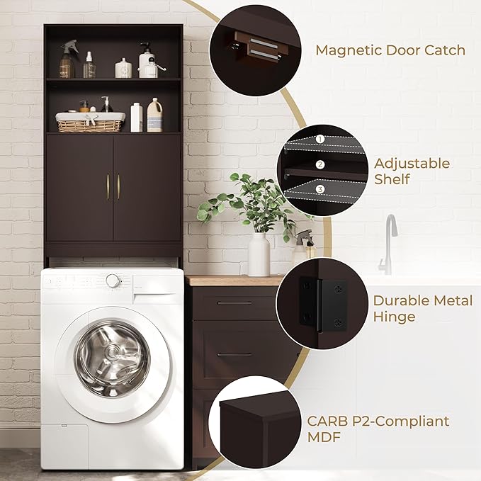 Yaheetech Over The Toilet Storage, Taller Bathroom Organizer Space-Saving Storage Cabinet with Adjustable Shelves and Double Doors, 77 in H, Espresso