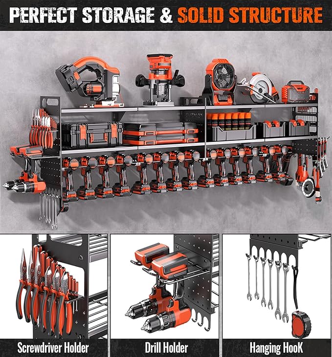 2-Pack Large Power Tool Organizer Wall Mount,Heavy Duty Cordless Tool Organizer with 18 Drill Holder,600 Lbs Capacity 3-Layer Garage Organization for Garage and Workshop (Black)