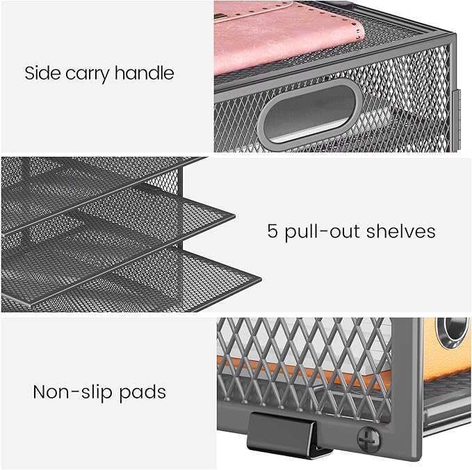 Lavatino 8-Tier Office Desk File Organizer, Letter Tray Paper Organizer with Handle, Including 5 Adjustable Slide Trays for Organizing Desktop Workspace Accessories and Supplies (Grey Metal Mesh)